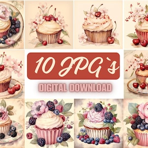 10 vintage cupcake JPGs – floral dessert art for kitchen decor, greeting cards, invitations, scrapbooking & digital crafting | 1S-16