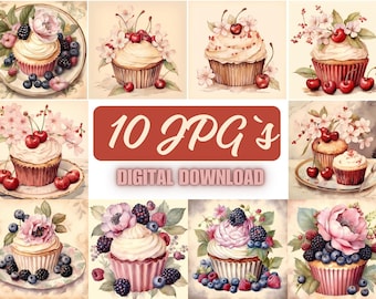 Floral Cupcake Art Prints: Vintage Dessert JPGs (Digital Download)