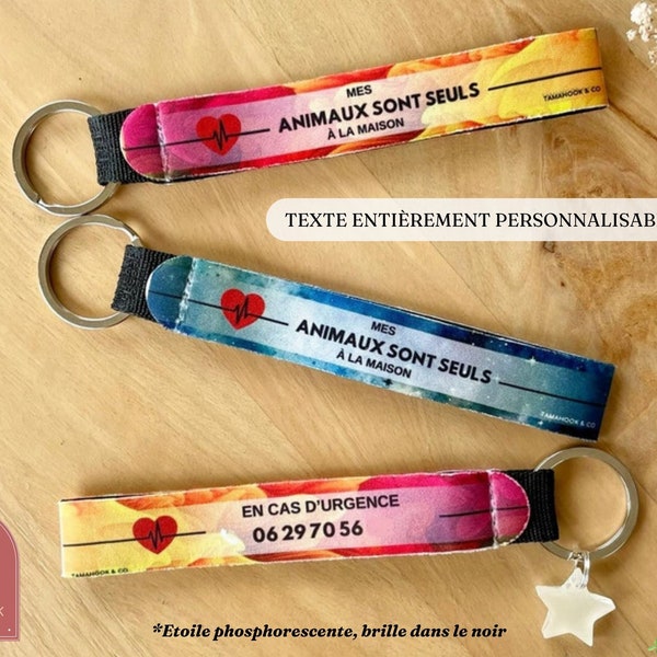 Porte-clés dragone Néoprène avec numéro d’urgence. Pour animaux seuls, chien seul, enfants. personnalisable