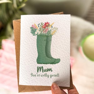 Carte Welly Boot pour la fête des mères | Fleurs pour maman | Carte pour maman, jardinage extérieur, bottes wellington