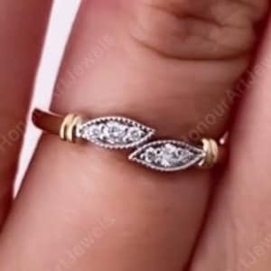 Vintage Style Diamond Moissanite Ring, Leaf Ring, Art Deco 14K Yellow Gold Milgrain Ring, Estate Ring, Round Moissanite Engagement Ring