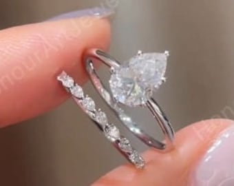 Pear Cut Moissanite Engagement Ring Set, 925 Sterling Silver Bridal Set, Matching Band Women