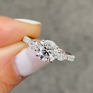 Three Stone Engagement Ring Women, Round And Pear Cut Diamond Ring, Past Present Future Ring, Silver Ring 3 Stone, Moissanite 3 Stone Rings
