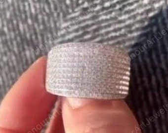 Moissanite Sterling Silver Wedding Band, Micro Pave Unisex Anniversary Ring