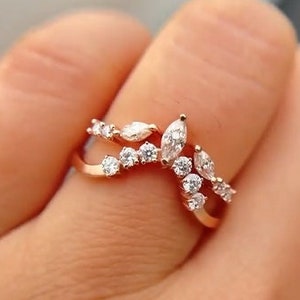 Bridal Wedding Ring Set, Round And Marquise Moissanite Tiara Crown Ring, Chevron Engagement Ring Set, Gap Cuff Stacking Ring, Gift For Her
