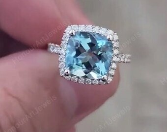 Aquamarine Asscher Cut Halo Ring, Sterling Silver Engagement Ring
