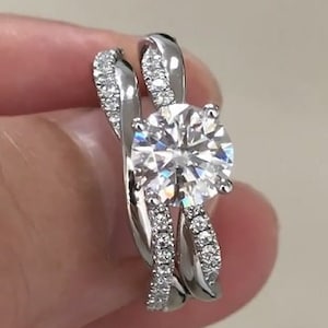 Round Moissanite Engagement Ring Set Women, Twisted Ring Set, Eternity Wedding Band, Bridal Ring Set, Matching Wedding Band Women In Silver