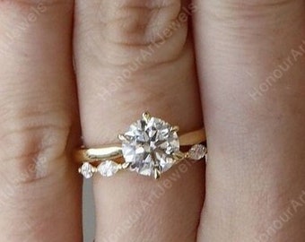 Round Moissanite Engagement Ring Set, Half Eternity Band, Silver Women Jewelry