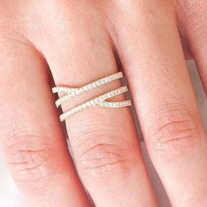 Twisted Double Split Row Band, Bypass Wedding Ring, Moissanite Diamond Cross Ring, Half Eternity Unique Silver Band, Cross Over Ring