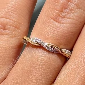 Twisted Wedding Band Women, Round Diamond Moissanite Band, Milgrain Anniversary Band, 14K Yellow Gold Rope Ring, Full Eternity Band Women&#39;s