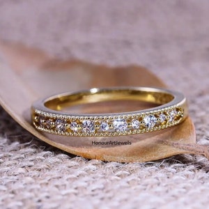 Miligrain Round Wedding Band, Moissanite Wedding Band, Round Cut Diamond Stacking Ring, Unique Half Eternity Vintage Band, Promise Gift