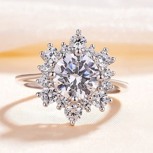 Round Engagement Ring, Unique Snowflake Round Diamond Prong Setting Wedding Ring, Micro Pave Proposal Ring, Minimalist, Jewelry Gift For Her