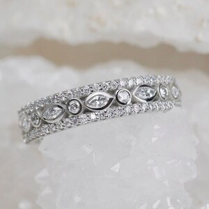 Full Eternity Wedding Band Moissanite, Round And Marquise Bezel Set Band Women, Three Row Wedding Band, 925 Silver Diamond Cz Band Women