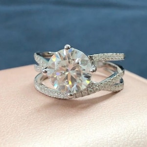 Round Moissanite Engagement Ring Women, Twisted Shank And Split Shank Half Eternity Pave Wedding Ring, Diamond Simulant Ring , Gift For Her