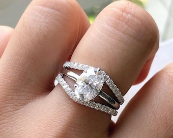 Oval Cut Moissanite Enhancer Wedding Ring Band, Half Eternity Wrap Guard Band Set, Matching Enhancer Ring, Wedding Ring Set Women, Gift Idea