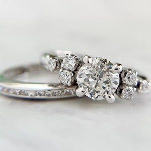 Cushion Cut Diamond Wedding Ring Set, Side Round Cut Pave Ring With Channel Band, Art Deco Style Ring Set, Bridal Ring Set, Gift For Her
