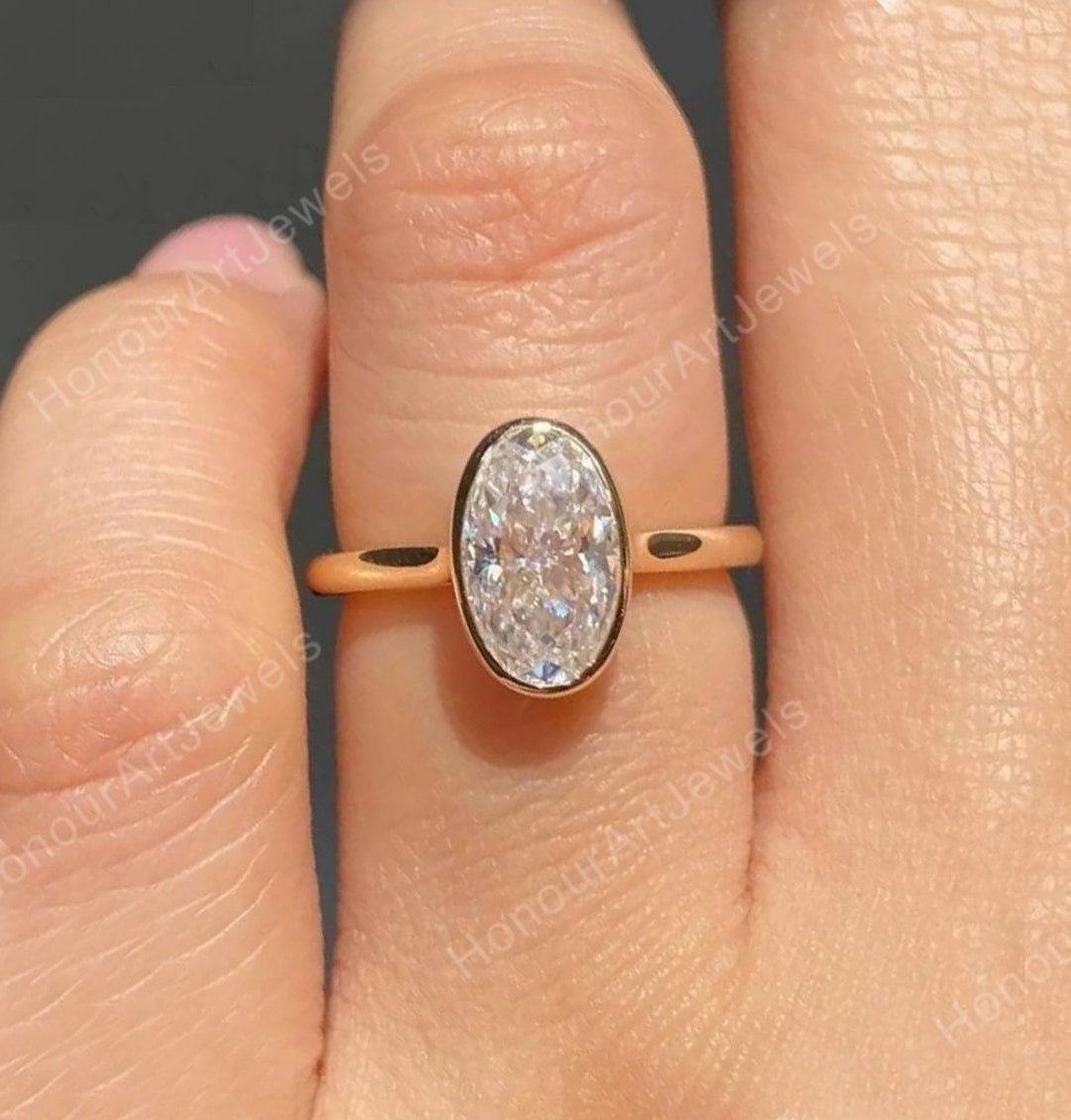 Oval Engagement Ring, Elongated Oval Cut Diamond Ring, Bezel Set