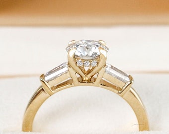 Round Cut Hidden Halo Three Stone Ring, Side Tapered Baguette