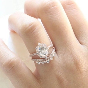 Oval Halo Moissanite Ring Set, Cluster Ring With Curved Pave Band Set, Diamond Ring Set, Cubic Zirconia Ring Set, Stacking Ring, Bridal Set