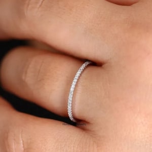 Round Cut Colorless Moissanite Wedding Band, Half Eternity Band For Women, Micro Pave Minimalist Band, Matching Thin Band, Anniversary Gift