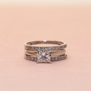 Princess Moissanite Enhancer Engagement Ring Band, Micro Pave Anniversary Spacer Band, 925 Sterling Silver Ring Set, Wedding Ring, Gift Her