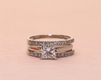Princess Moissanite Enhancer Engagement Ring Band, Micro Pave Anniversary Spacer Band, 925 Sterling Silver Ring Set, Wedding Ring, Gift Her
