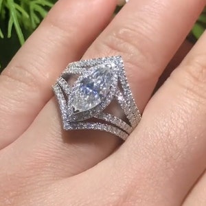 Marquise Enhancer Wedding Ring Women, Moissanite Diamond V-Shape Band, Matching Enhancer Ring Set, Wrap Guard Ring Set, Engagement Gift