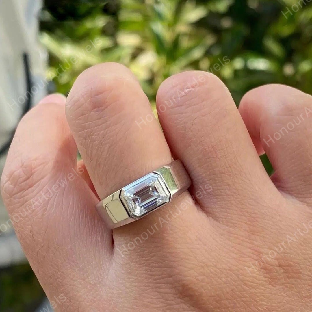 Men s Diamond Ring Emerald Moissanite Solitaire Engagement Ring Emerald Cut Bezel Set Wedding Ring Men s Emerald Solitaire Ring Gift Him