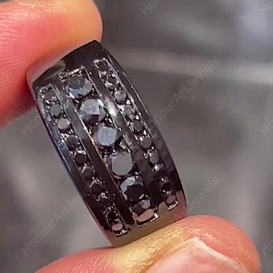 Round Cut Simulated Black Diamond Men&#39;s And Women&#39;s Wedding Ring, Black Moissanite 925 Sterling Silver, Three Row Wedding Band, Black Rings