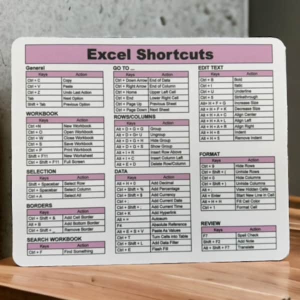 Purple -Excel Shortcuts Mouse Pad / Desk Accessories, Desk accessories, Office Desk Accessories, Gift Coworker ( V1)