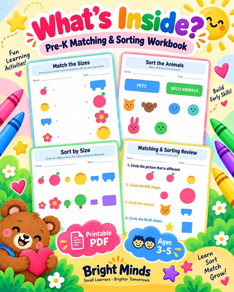 Pre-k Matching & Sorting Workbook Printable Learning Activities for ...