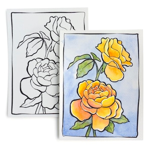 Cartão postal aquarela DYI - pronto para pintar rosas de repolho