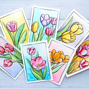 7 DIY Aquarell Tulpen - Fertig zum Malen als Postkarten