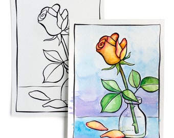 DIY Watercolor Postcard - Ready to paint Long-stemmed Rose
