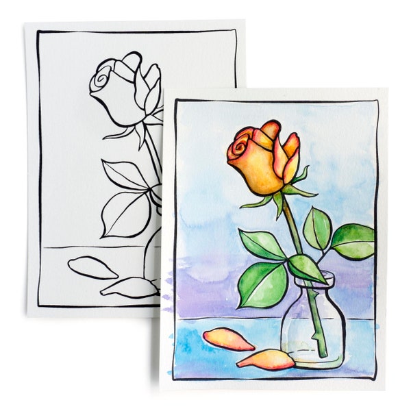 DIY Watercolor Postcard - Ready to paint Long-stemmed Rose
