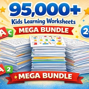 Puede incluir: Imagen de un mega paquete de hojas de trabajo para niños. La imagen presenta pilas de hojas de trabajo con ilustraciones y texto coloridos. El texto dice "95.000+ Kids Learning Worksheets MEGA BUNDLE 2+". El fondo es un diseño brillante y colorido con estrellas.