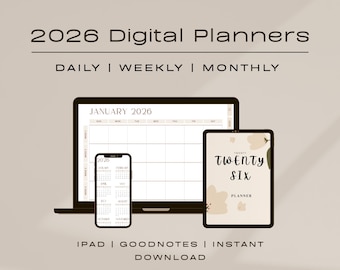 May include: A digital planner advertisement featuring a laptop, smartphone, and tablet. The laptop displays a calendar for January 2026. The tablet shows the text "Twenty Six Planner". The smartphone displays a calendar for 2026. The text "2026 Digital Planners" is at the top.