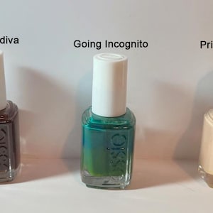 May include: Six bottles of Essie nail polish in various colours, including red, brown, teal, beige, and burgundy. The bottles are labelled with the names "E-Nuff is E-Nuff", "Lady Godiva", "Going Incognito", "Prima Ballerina", and "PoorU'L Rich Girl".