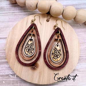 Teardrop Earrings  with Leaves SVG.  Earrings SVG. Glowforge Tested.  Teardrop Earrings.