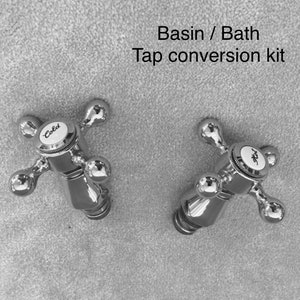 May include: Two chrome tap handles with white ceramic knobs labelled "Cold" and "Hot". Basin/Bath Tap conversion kit.