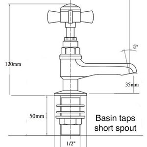 Puede incluir: Un dibujo en blanco y negro de un grifo de ba&ntilde;o con un ca&ntilde;o corto. El grifo tiene una manija en forma de cruz y est&aacute; etiquetado como "Grifo de lavabo con ca&ntilde;o corto". El dibujo incluye medidas en mil&iacute;metros.