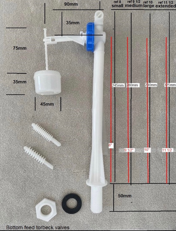 Bottom feed 1/2” BSP Torbeck ballvalve sizes - 8" - 9 1/2" - 10" - 11 1/2" replacement wc cistern toilet Quite fill hush flow