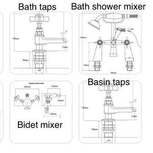 Puede incluir: Diagramas de dibujo de l&iacute;nea de diferentes tipos de grifos de ba&ntilde;o, incluyendo grifos de ba&ntilde;era, mezclador de ducha de ba&ntilde;era, grifos de lavabo y mezclador de bid&eacute;. Los diagrammes muestran las dimensiones de cada grifo en cent&iacute;metros.