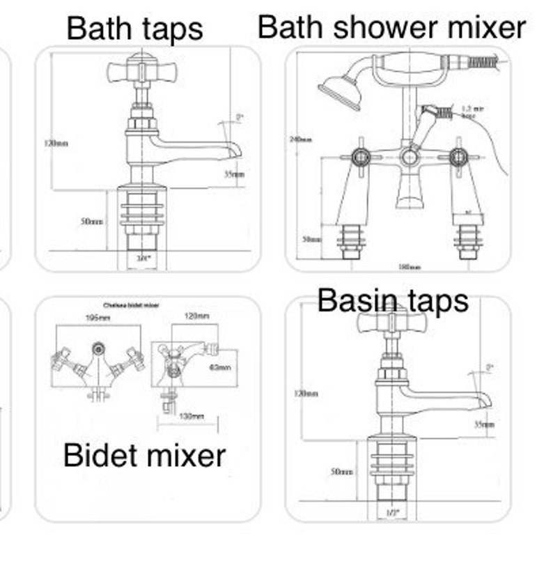 Puede incluir: Diagramas de dibujo de l&iacute;nea de diferentes tipos de grifos de ba&ntilde;o, incluyendo grifos de ba&ntilde;era, mezclador de ducha de ba&ntilde;era, grifos de lavabo y mezclador de bid&eacute;. Los diagrammes muestran las dimensiones de cada grifo en cent&iacute;metros.