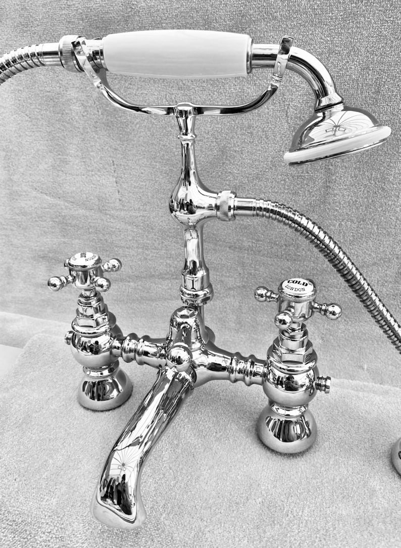 York style Basin Bath Pillar Bath mixer taps in Antique Gold Chrome Traditional York Deck mounted Cross Traditional classic Bathroom faucet image 3