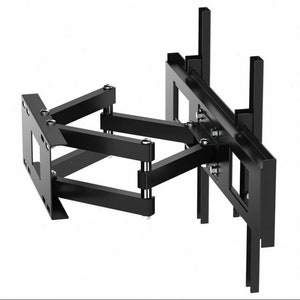May include: Black metal TV wall bracket with a double arm design, allowing for tilting and swiveling of the TV. The bracket is designed to hold a TV securely to the wall.