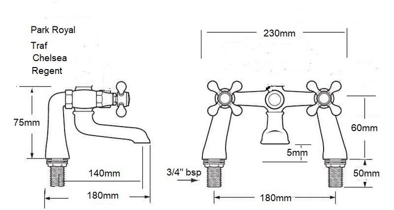 May include: Diagram of a faucet with dimensions in millimeters. The faucet is shown in two views, with measurements including 75mm height, 140mm spout length, and 180mm base width. The text "Park Royal, Traf, Chelsea, Regent" is also present.