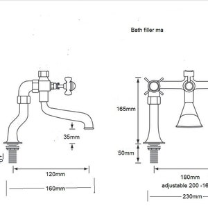 May include: Detailed diagram of a bath filler with dimensions in millimeters. The diagram shows two different faucet designs, one with a single spout and the other with two spouts. The text "Bath filler ma" is also present.