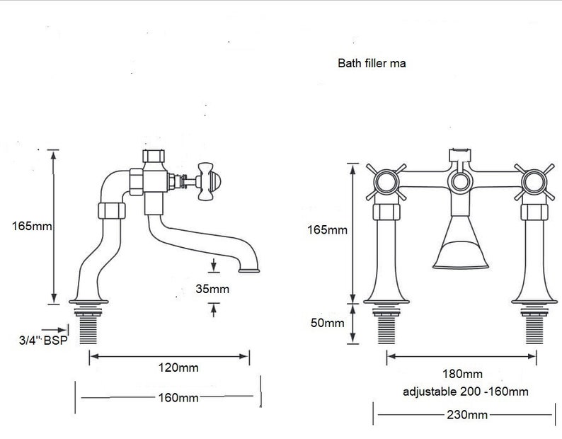 May include: Detailed diagram of a bath filler with dimensions in millimeters. The diagram shows two different faucet designs, one with a single spout and the other with two spouts. The text "Bath filler ma" is also present.