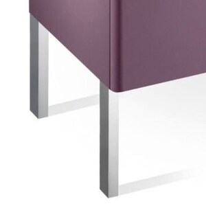 May include: A close-up of a modern piece of furniture with a plum-coloured top and silver-coloured, square-shaped legs. The legs are made of metal and are positioned at the corners of the furniture.